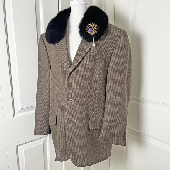 Vintage Wool Blazer w/ Detachable Mobwife Collar & Handmade Brooch, Oversized/XL - Picture 2 of 7